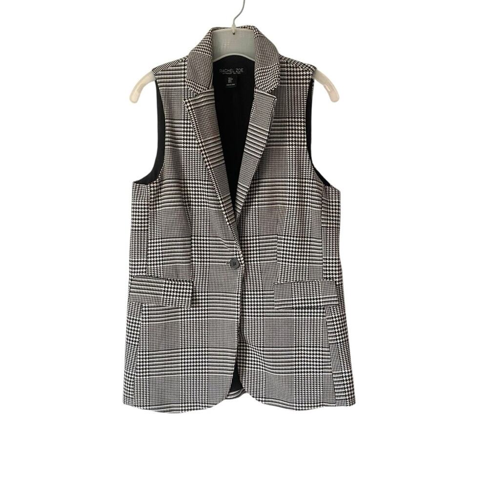 Rachel Zoe Houndstooth Long Vest One Button Black White size small Preppy